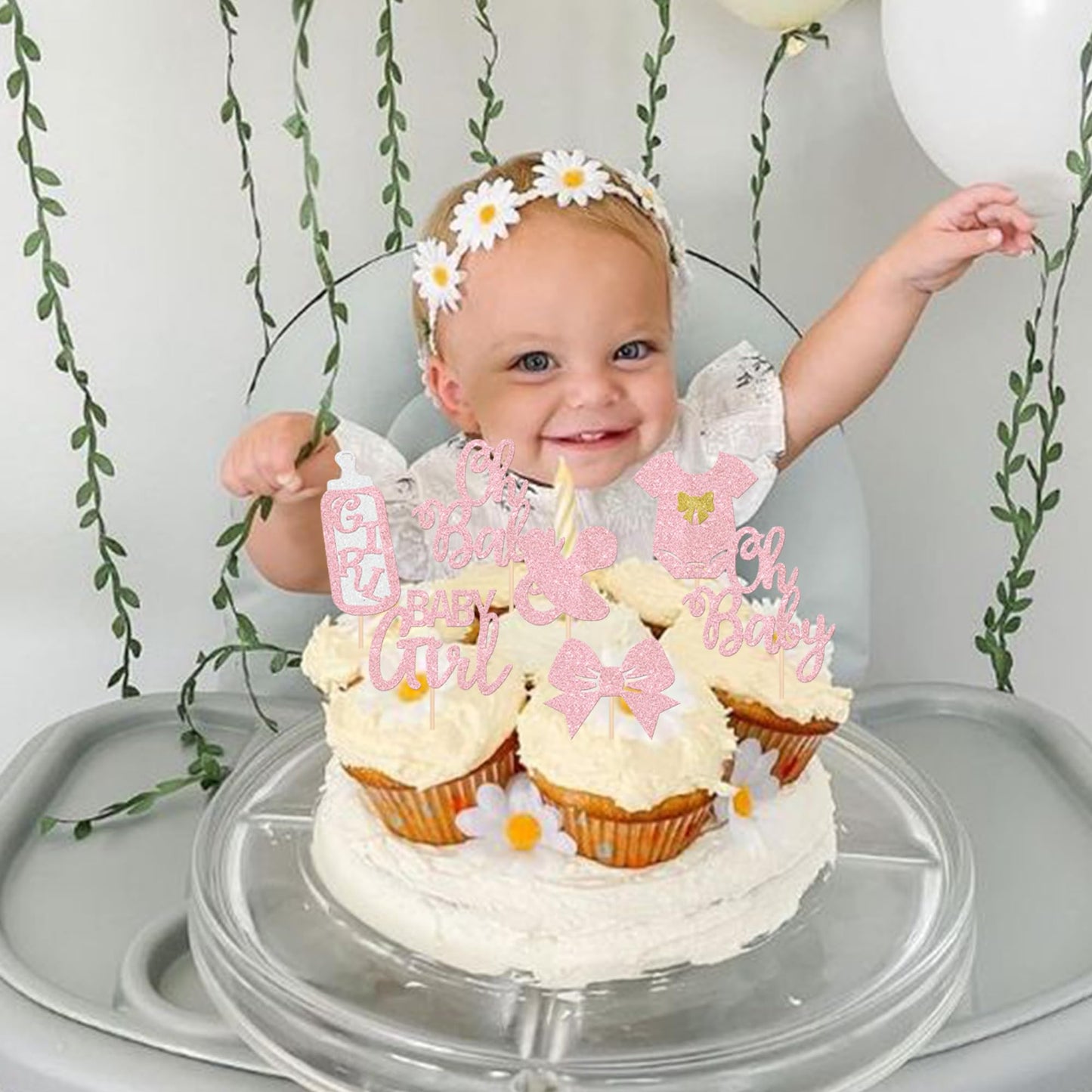 YCTHUNFISH Cupcake Toppers, 24 Pack Glitter Pacifier & Bow, Paper, 2.3x4.5 inches, Pink, Baby Shower & Birthday Party Decorations