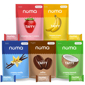 Numa Foods Healthy Chewy & Creamy Candy Variety Pack - Low Sugar, All-Natural, Gluten Free, High Protein - 5 Bags Of 8 Individua
