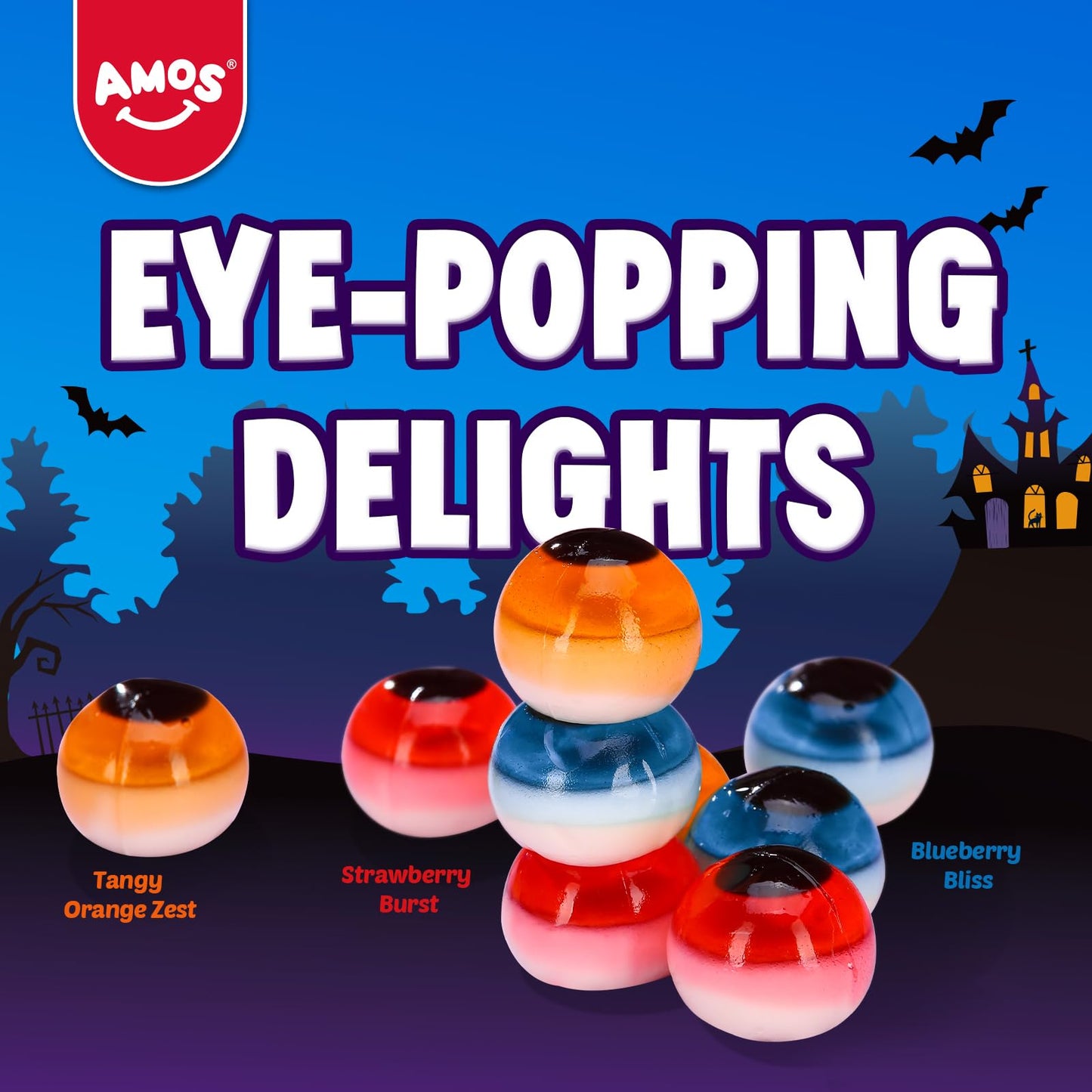 Amos Eyeball Gummy Candy - Halloween Gummy Eye Candy  for Kids & Parties  3D Gummy Eyeballs  Individually Wrapped  40 Count  9oz Bag