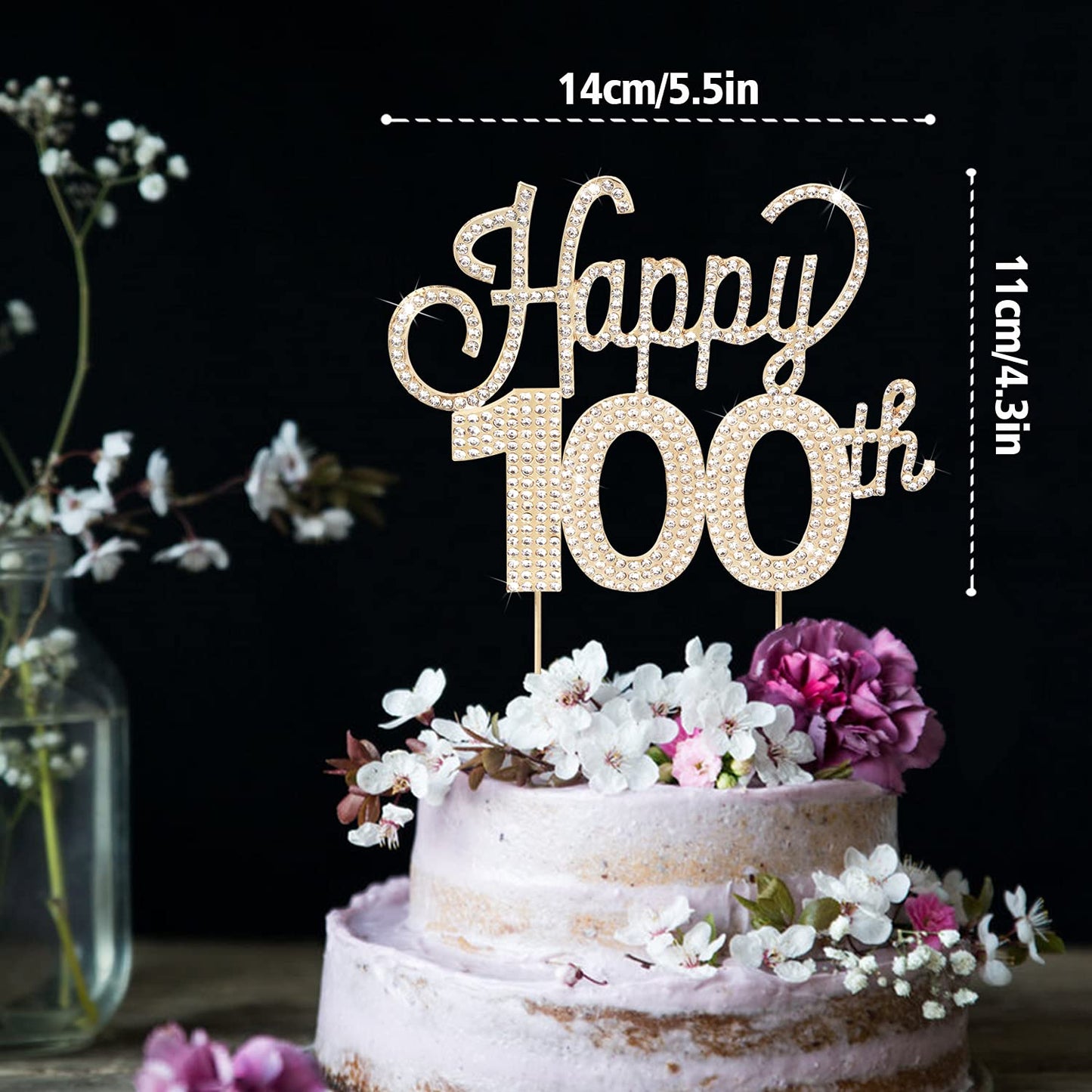Lingteer Happy 100Th Birthday Gold Rhinestone Cake Topper - Cheers To 100Th Birthday 100 Years Old Anniversary Party Cake Center