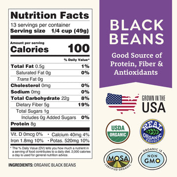 Organic Dried Black Beans 1 lb, Unsalted, Low-Sodium, Non-GMO, Farmed From Regenerative Soil, Tested Clean Certified - Rich in F