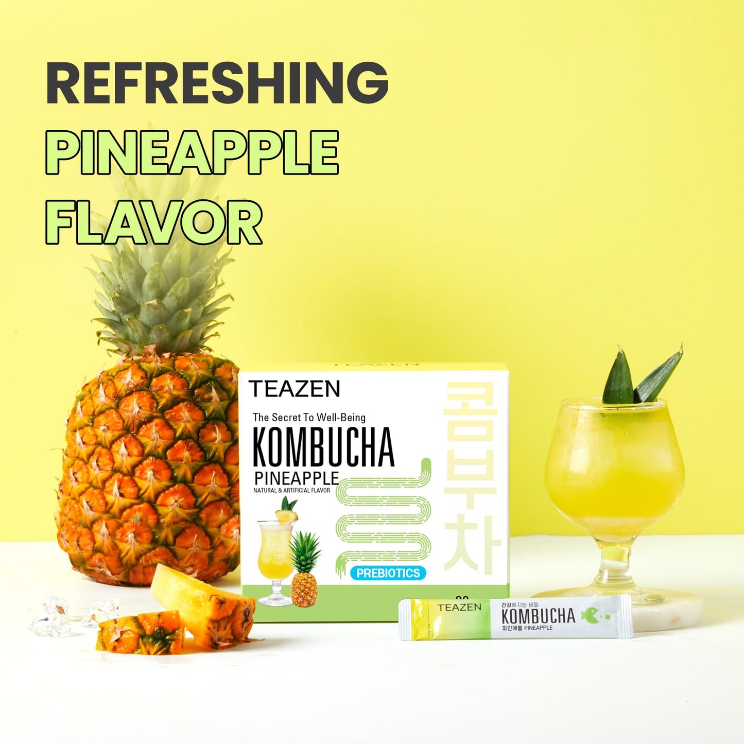 Teazen Pineapple Kombucha Tea, Hydration Drink Mix, Sugar Free, Live Probiotics & Prebiotics, 30 Sticks, 5.29Oz