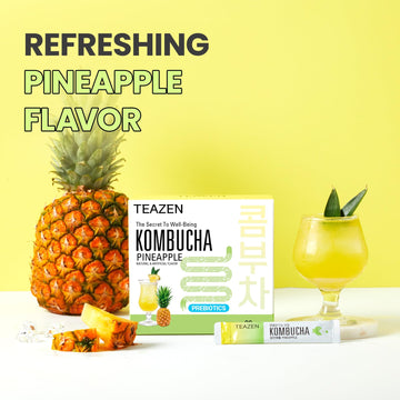 Teazen Pineapple Kombucha Tea, Hydration Drink Mix, Sugar Free, Live Probiotics & Prebiotics, 30 Sticks, 5.29Oz