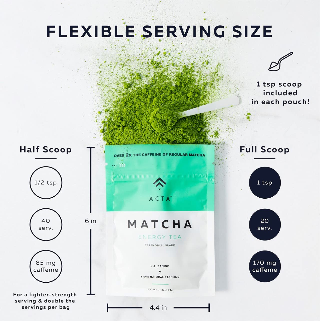 ACTA Matcha Energy Tea 40g  High Caffeine (170mg) Blend for Increased Focus & Clarity  Perfect Coffee Alternative Made with Ceremonial Grade Matcha Green Tea Powder from Japan