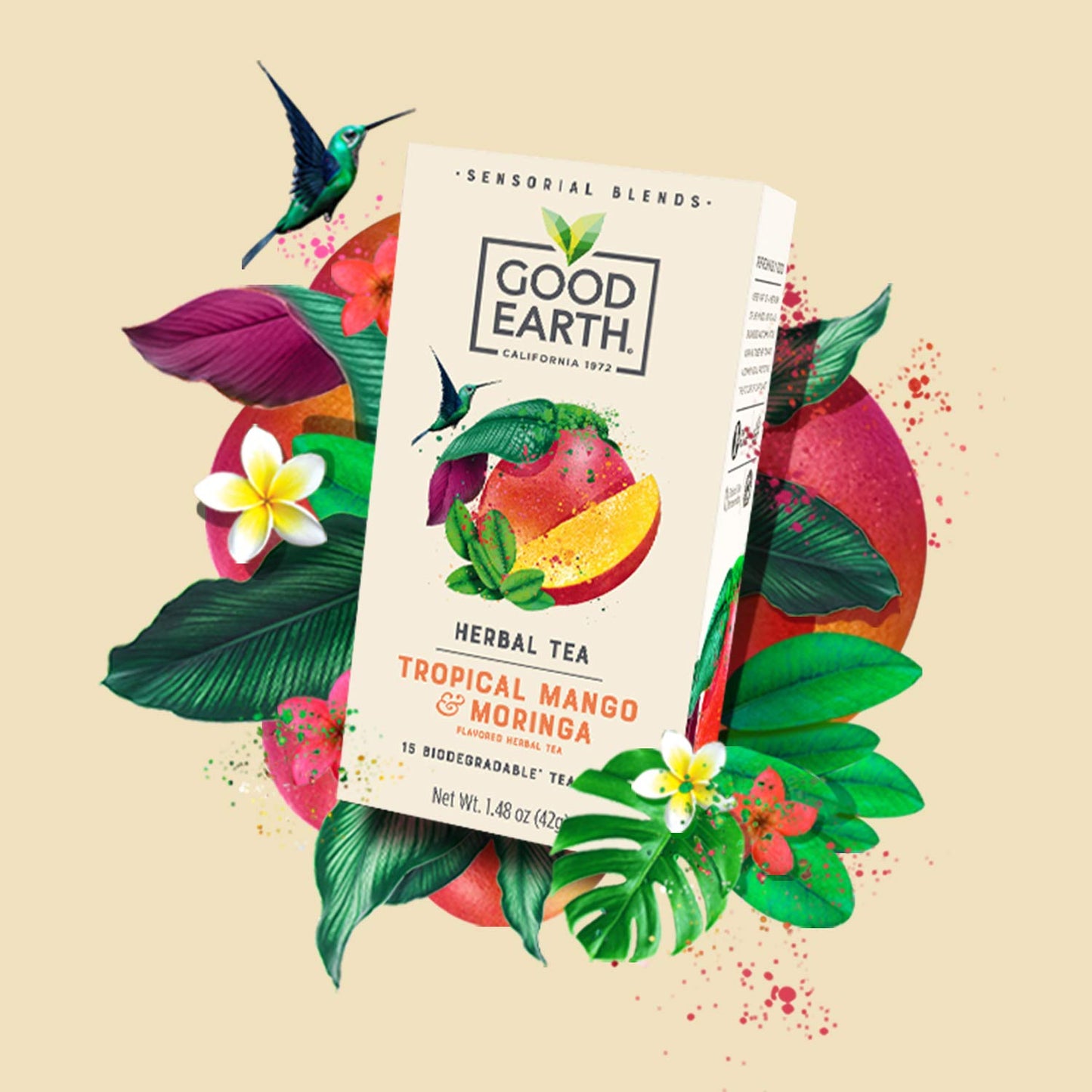 Good Earth Sensorial Blend Flavored Herbal Tea Tropical Mango and Moringa, No Artificial Color, No Preservatives, 15 Bag (Pack o