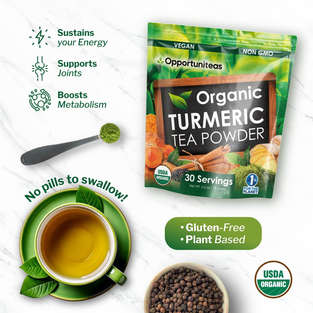 Opportuniteas Organic Turmeric Tea Powder - Matcha Green Tea, Turmeric, Cinnamon, Ginger, Black Pepper - Natural Joint Support -