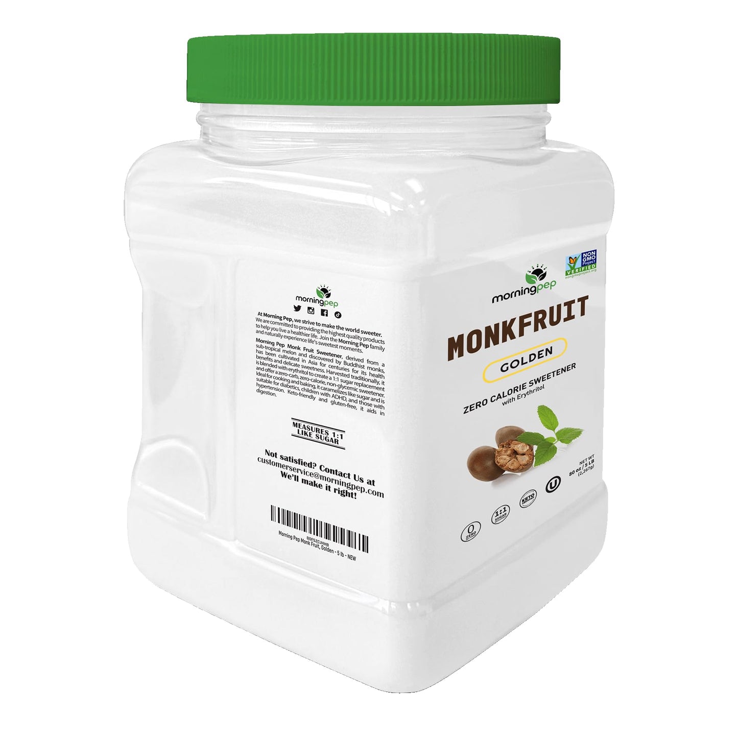Morning Pep Monk Fruit Sweetener  golden Sugar Substitute  5 lb  Keto Friendly  1:1 Sugar Replacement  Zero Calorie  Non-GMO  Kosher  Golden - 5 lb