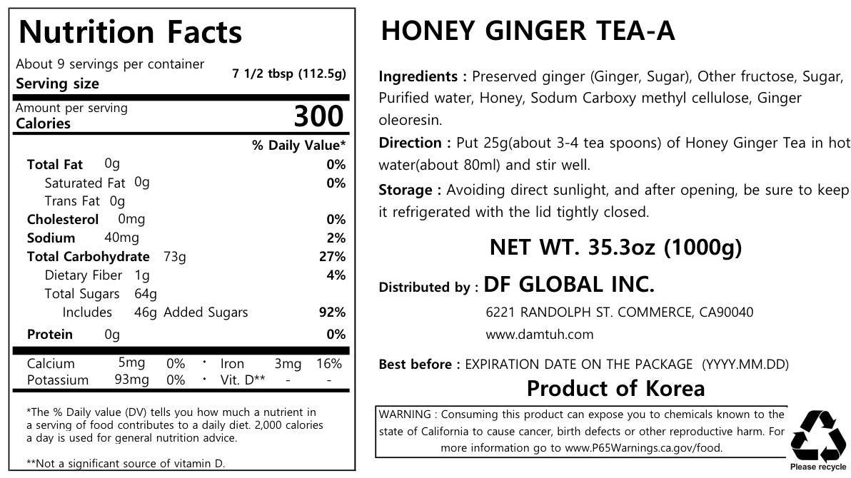 Damtuh Honey Ginger Tea - Natural Flavor & Warm Spicy Aroma, No Artificial Ingredients, Perfect For Hot Or Iced Tea, Jam, Or Sal