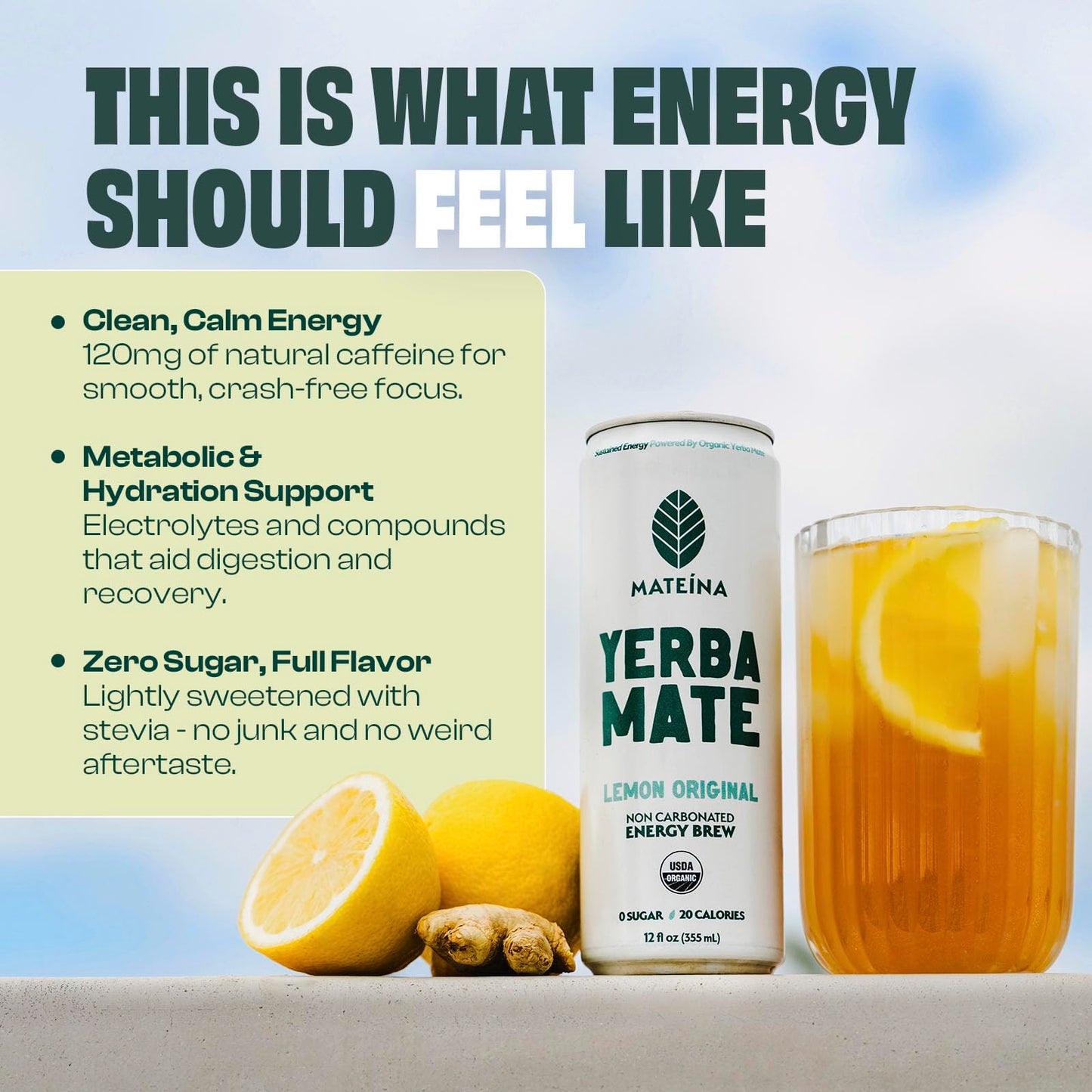Mateina Yerba Mate Zero Sugar Energy Drink - 120mg Natural Caffeine - Organic  Non-GMO  Non-Carbonated - Dr. Andrew Huberman Recommended - 12 Pack (12oz Cans) (12 Pack  Lemon Original)
