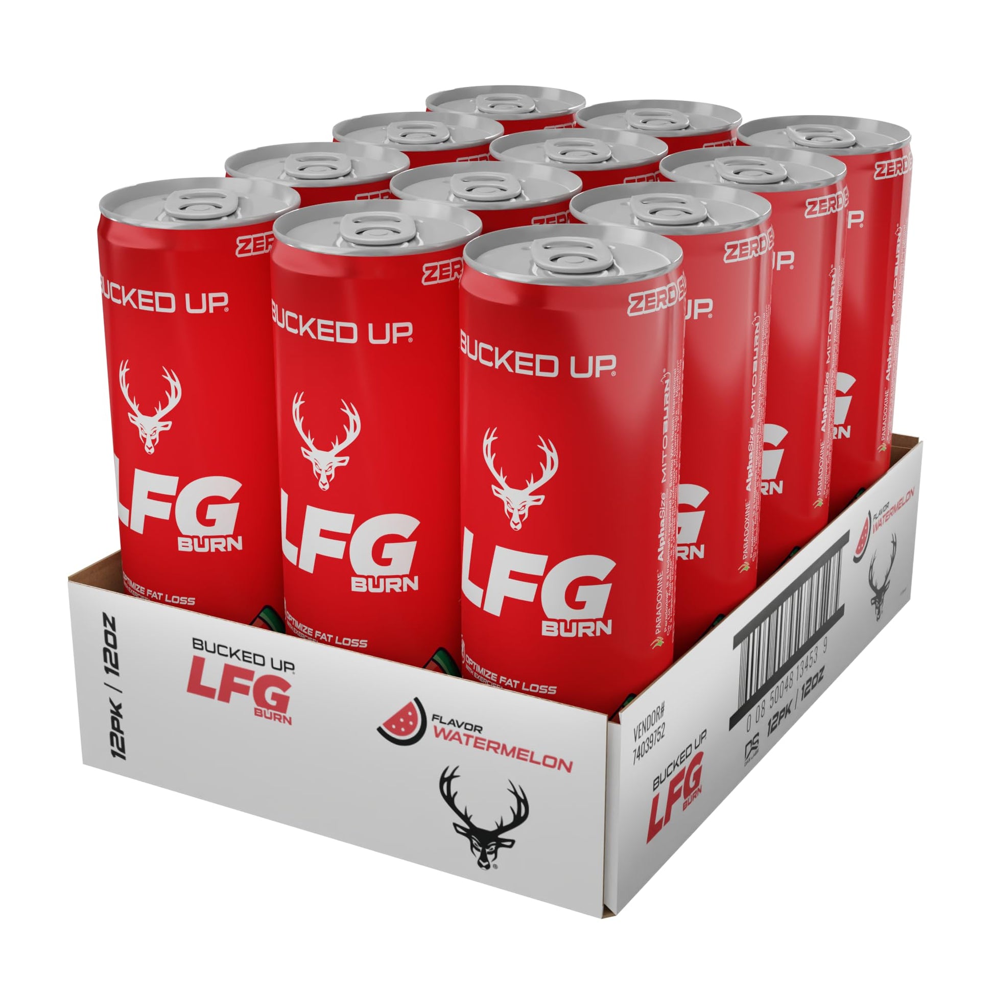 Bucked Up LFG BURN Energy Drink - Zero Sugar - 12 Pack - Watermelon Flavor