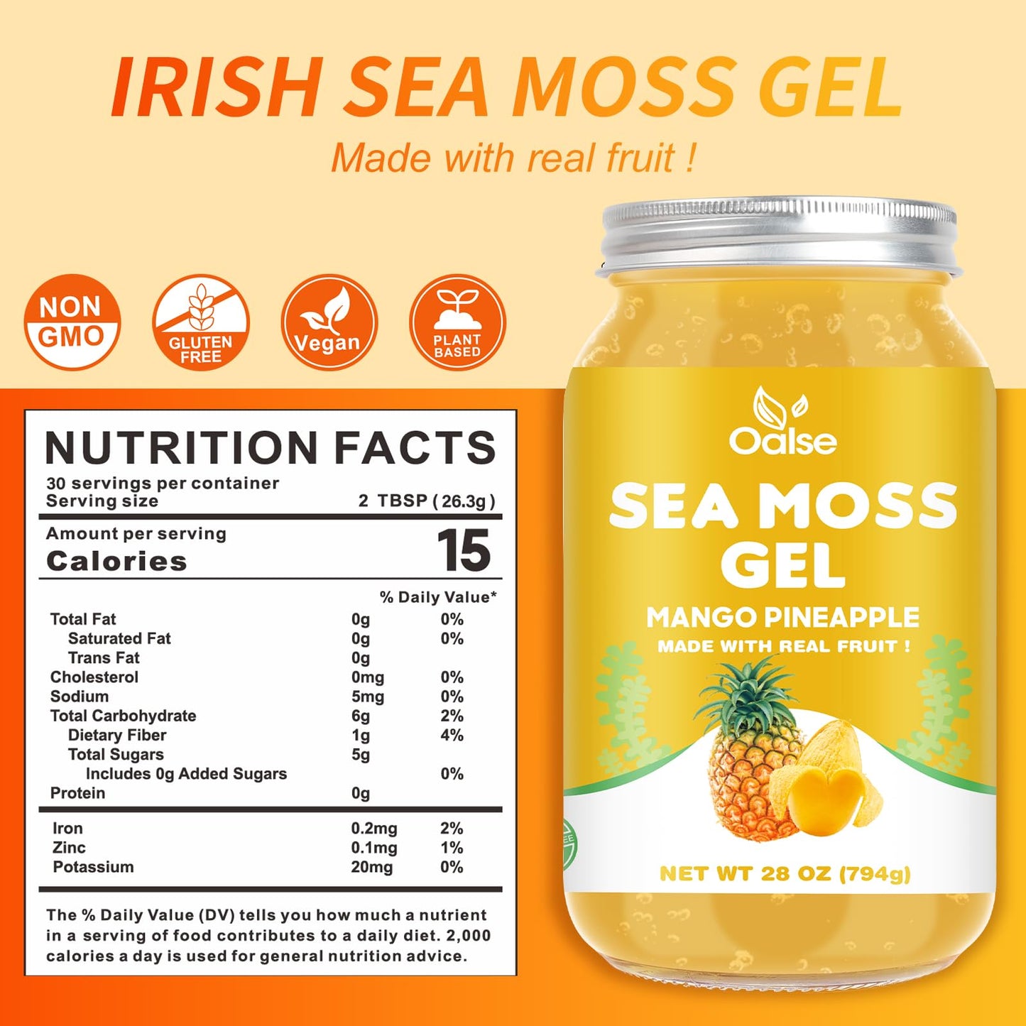 OALSE (28OZ Irish Sea Moss Gel Mango Pineapple Flavor - Natural Seamoss Gel with 92 Minerals and Vitamins - Non-GMO, Gluten-Free