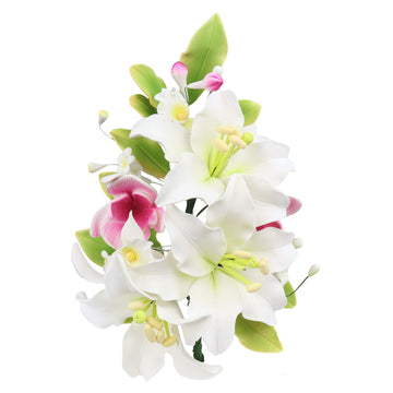 O'Creme Gumpaste Flower Spray, White Lily - Edible Flowers For Cake Decorating - Sugar Paste Flower Decorations For Cakes, Candy