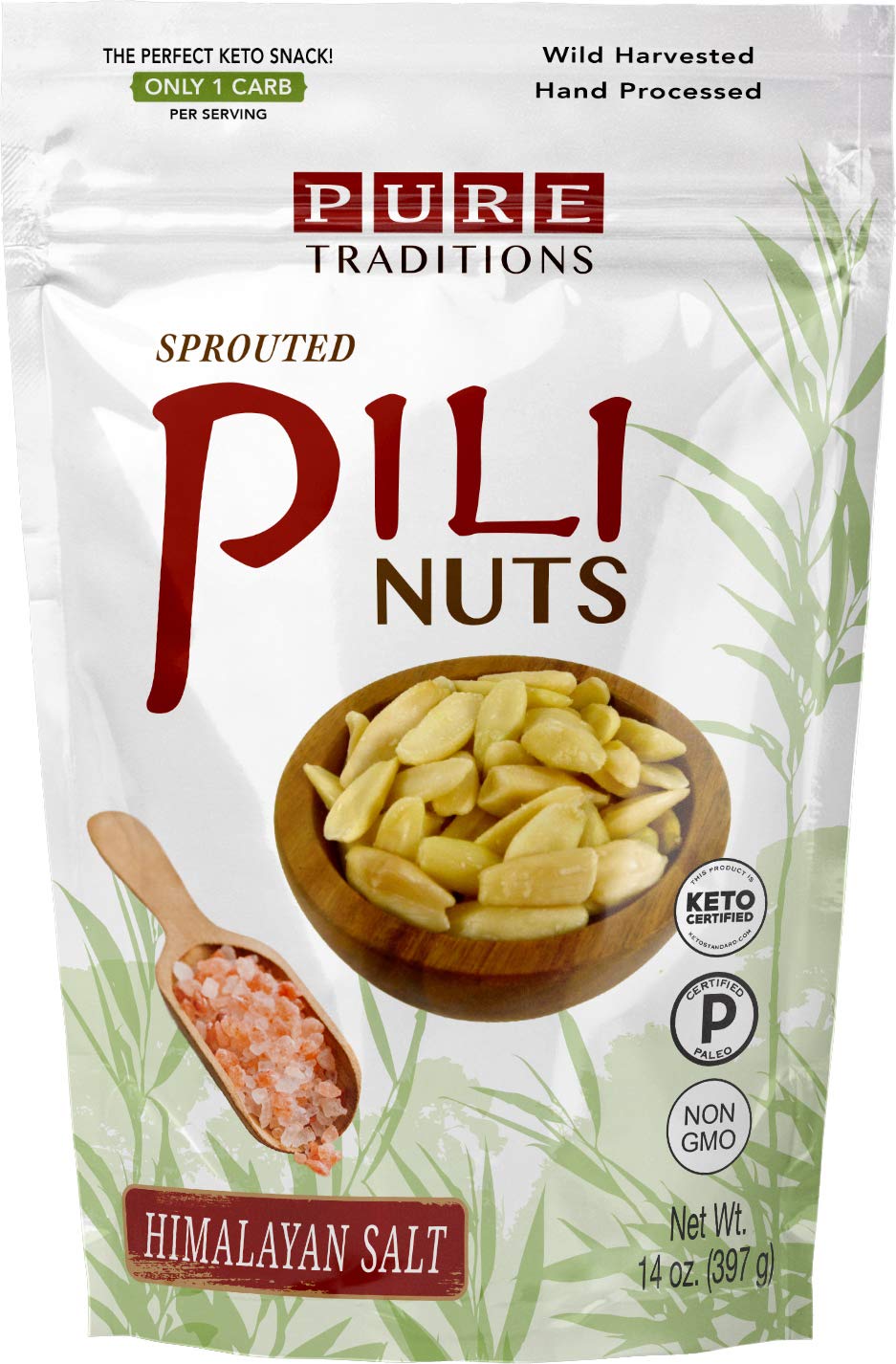 Pure Traditions Pili Nuts, Sprouted, Certified Paleo & Keto, Himalayan Salt, 14 oz