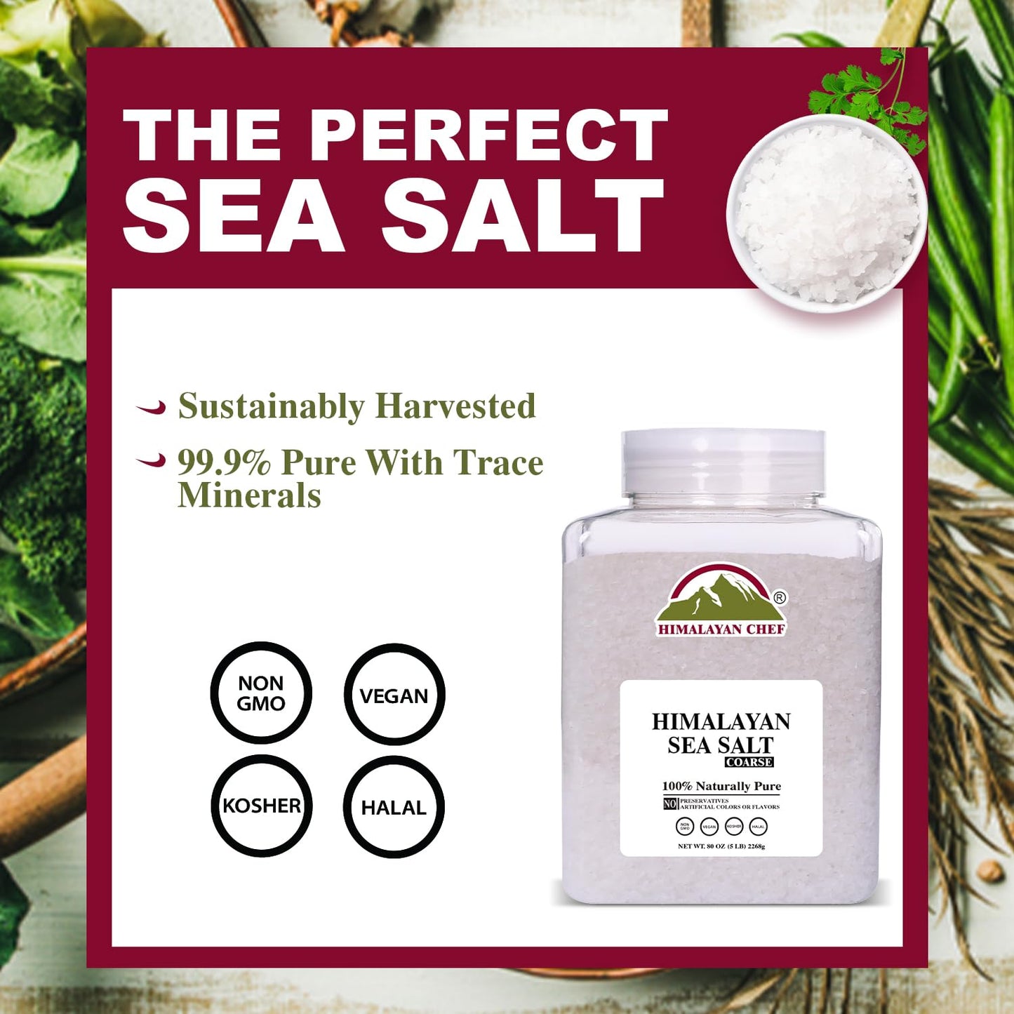 Himalayan Chef Coarse Grain Sea Salt - Non-GMO, Kosher, 5 lb Jar (80 Ounce)