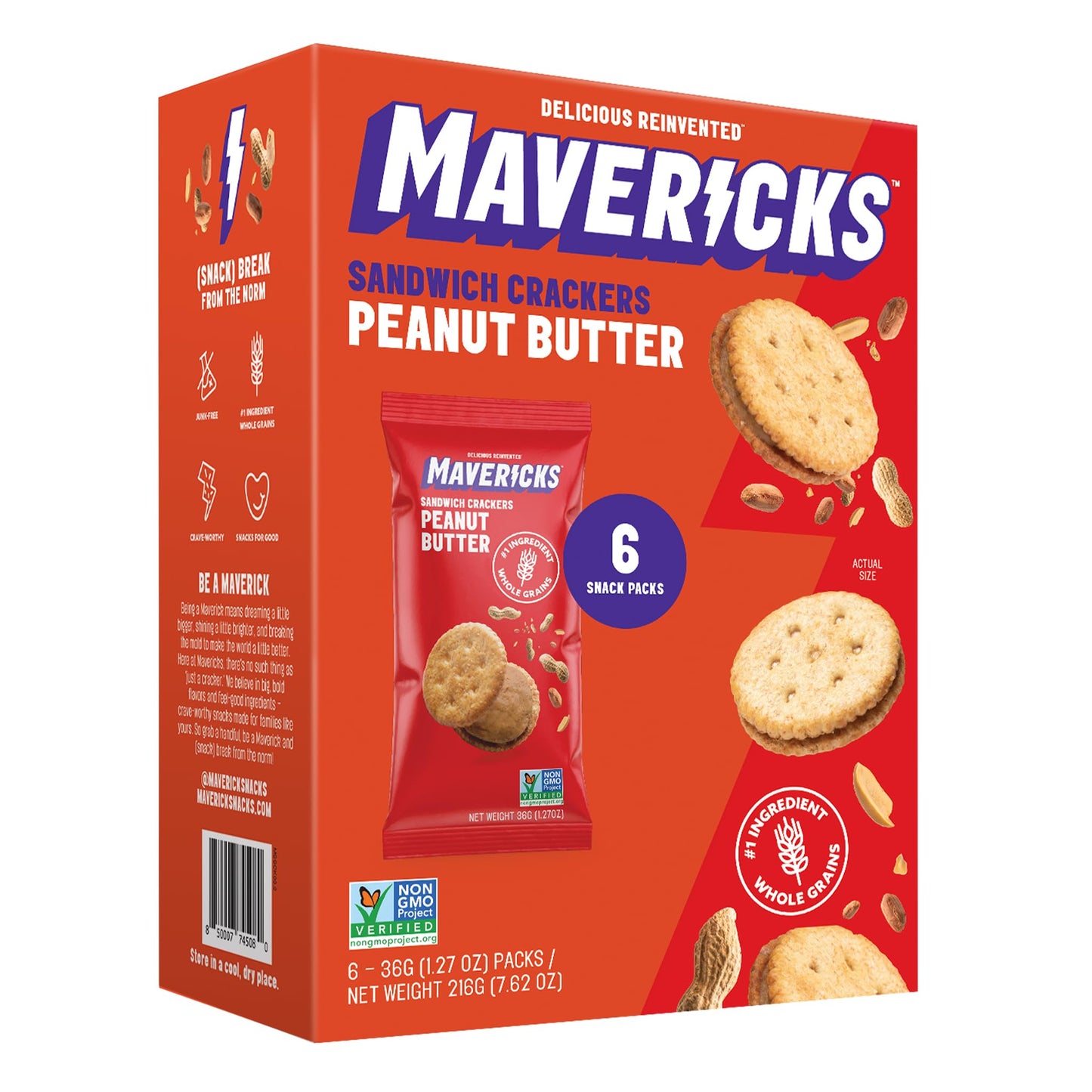 Mavericks Sandwich ers Peanut Butter - Plant-Based Peanut Butter Sandwich  Snack ers  Whole Grain  Non-GMO - 1 Box (6 Snack Packs)