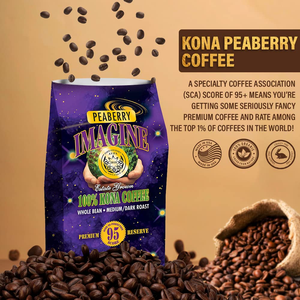 Imagine Kona Peaberry Rare Coffee Beans | Top Grade Air Roasted | Medium Dark Roast - 8 Ounce