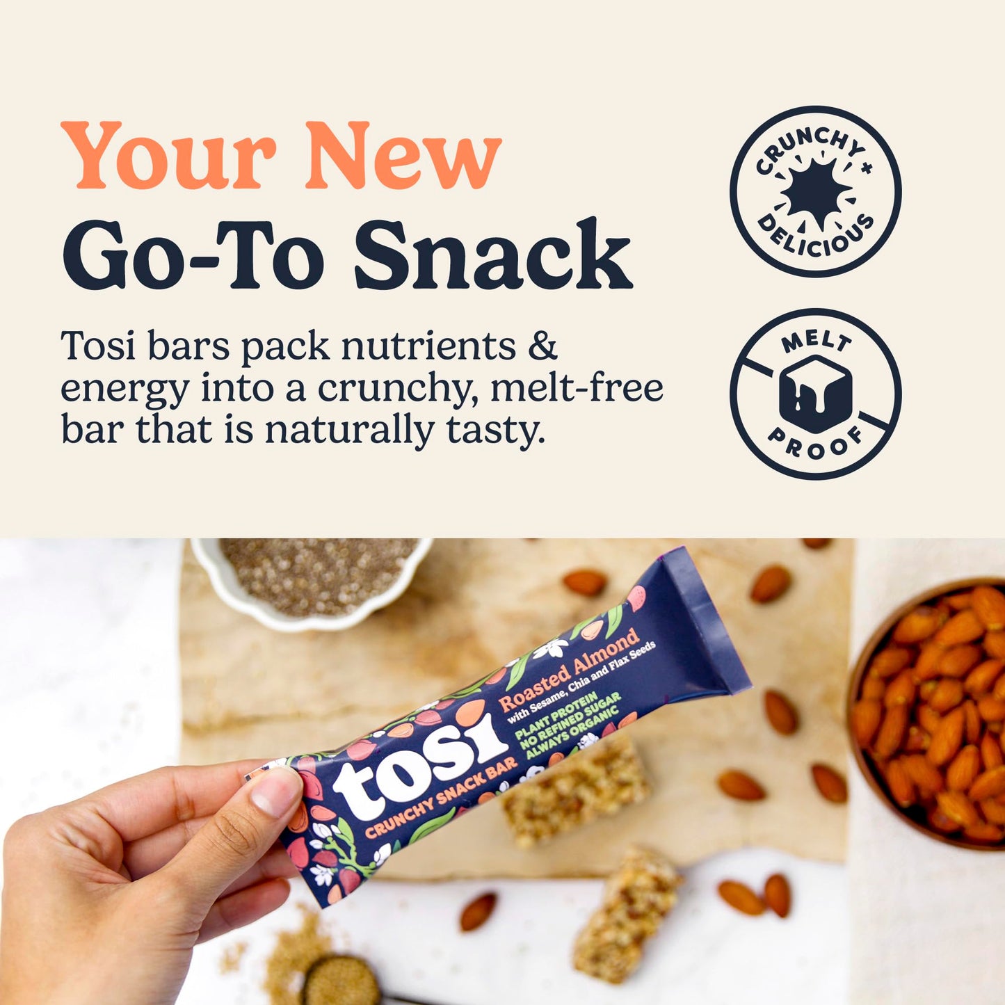 Tosi Almond Protein Bars, Plant-Based Vegan Snacks, Gluten-Free, 12 Count