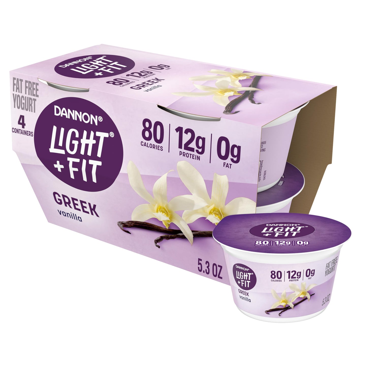 Dannon Light + Fit Greek Vanilla Fat Free Yogurt, Creamy and Delicious Gluten Free Yogurt, 4 Ct, 5.3 OZ Yogurt Cups