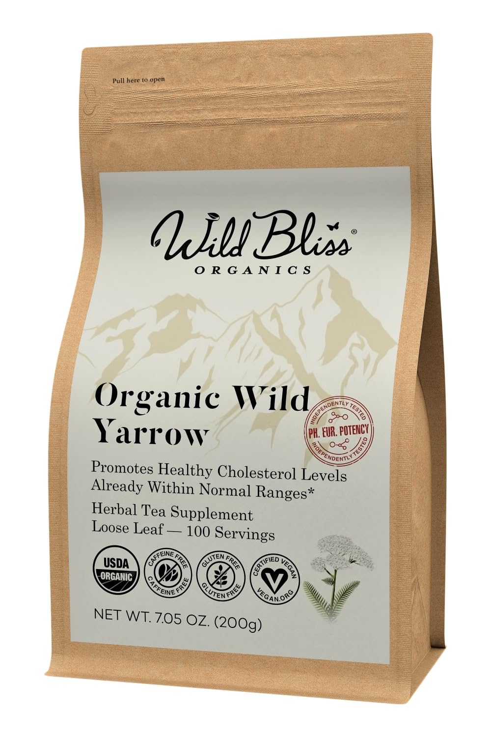 Wild Bliss Organic Yarrow Flower Tea - Caffeine Free Herbal Tea - 100 Servings - 7 Ounces