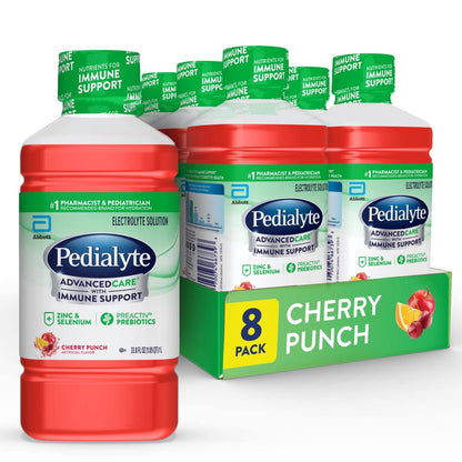 Pedialyte Advanced Care Electrolyte Solution, 1 Liter, 8 Count, with PreActive Prebiotics, Hydration Drink, Cherry Punch