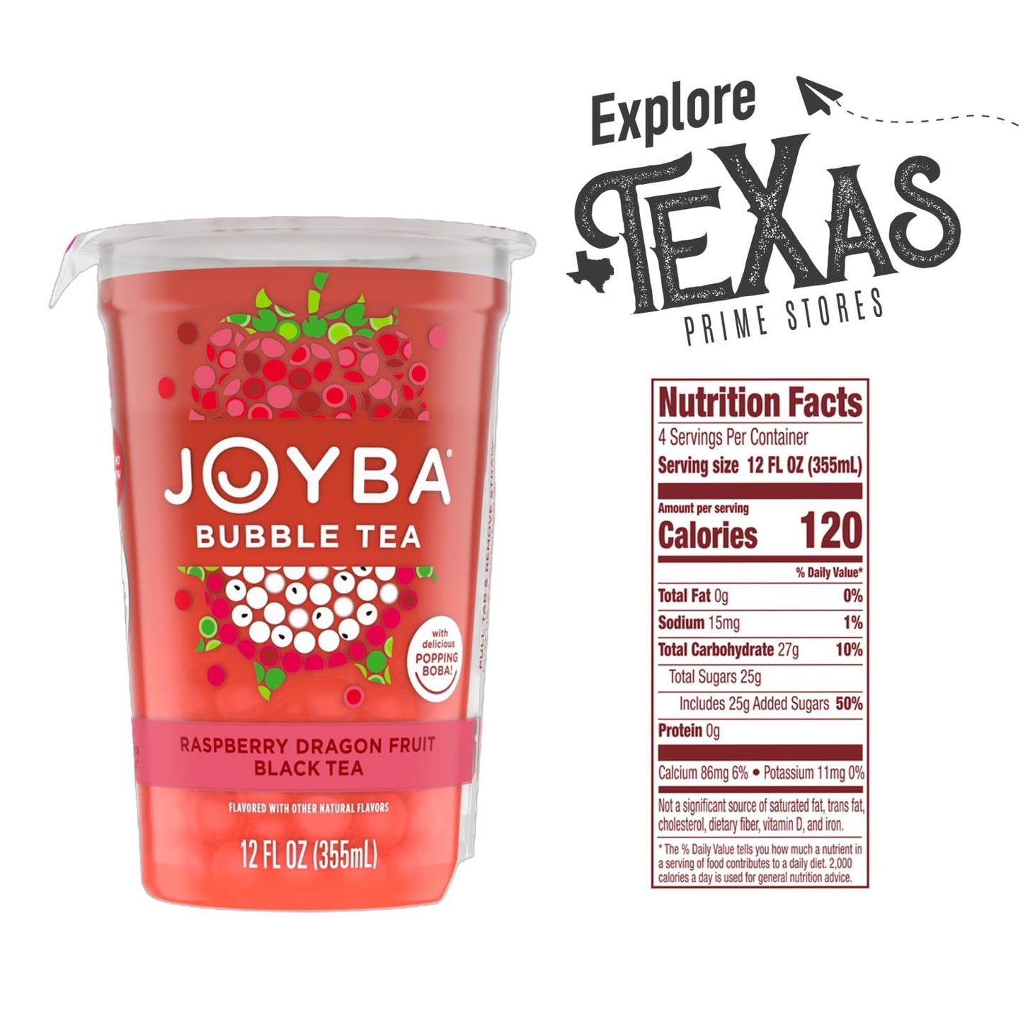 Joyba 16 Pack Raspberry Dragonfruit Bubble Black Tea Cups 12 Fl Oz With Delicious Natural Fruit Flavored Popping Boba + 1 Freebi