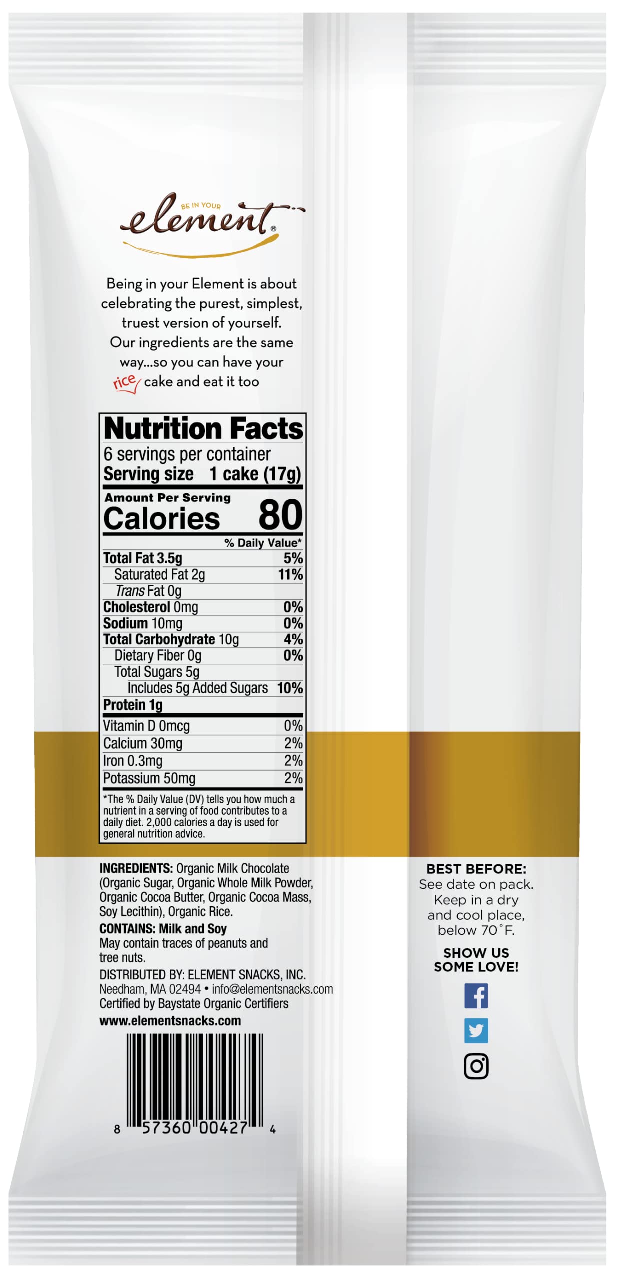 Element, Rice Cake, Og2, Milk Choc, Pack Of 6, Size 3.5 Oz, (Low Carb Gluten Free Kosher Low Sodium Vegan Wheat Free Yeast Free 95%+ Organic)