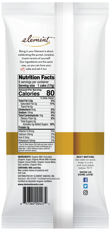 Element, Rice Cake, Og2, Milk Choc, Pack Of 6, Size 3.5 Oz, (Low Carb Gluten Free Kosher Low Sodium Vegan Wheat Free Yeast Free 95%+ Organic)