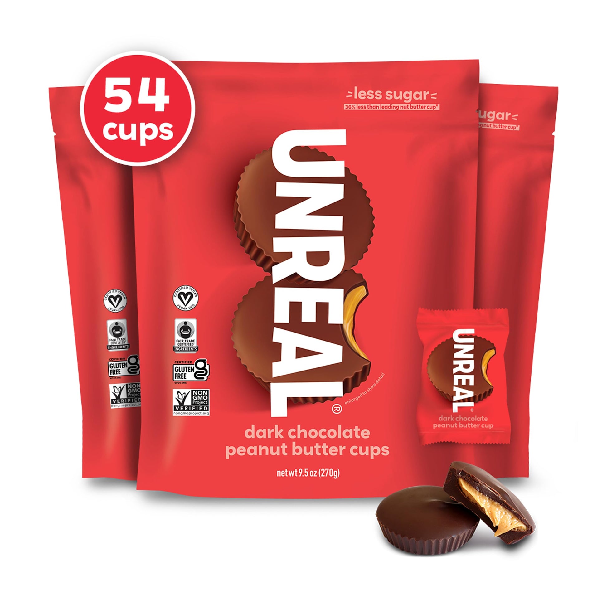 Unreal Dark Chocolate Peanut Butter Cups (3 Value Size Bags) | Vegan, 5G Sugar | Gluten Free, Fair Trade, Non-Gmo | 9.5Oz Each