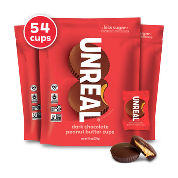 Unreal Dark Chocolate Peanut Butter Cups (3 Value Size Bags) | Vegan, 5G Sugar | Gluten Free, Fair Trade, Non-Gmo | 9.5Oz Each