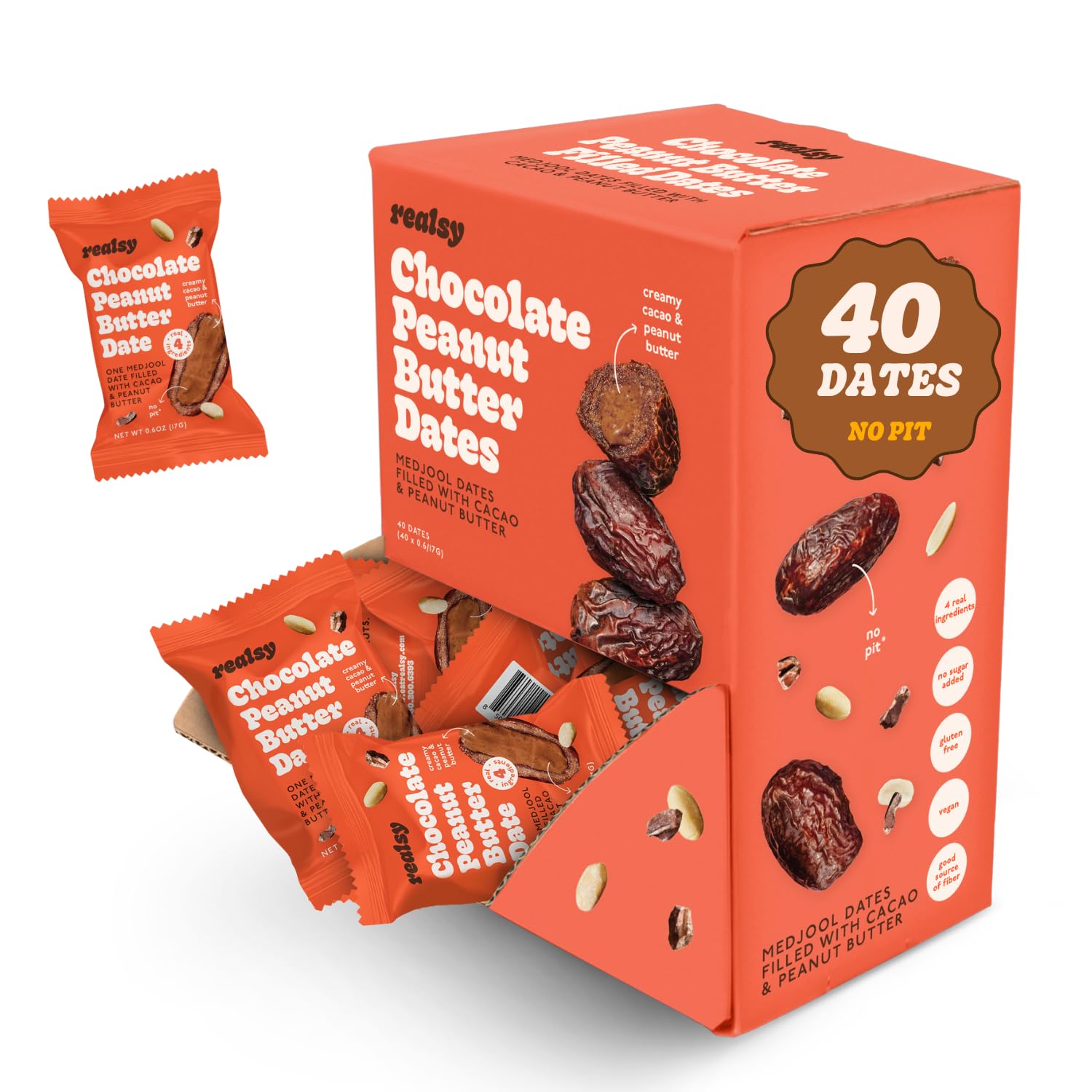 Realsy Medjool Dates, Organic Chocolate Peanut Butter, Gluten-Free, Vegan, No Sugar Added, Single Wrapped (40 ct)