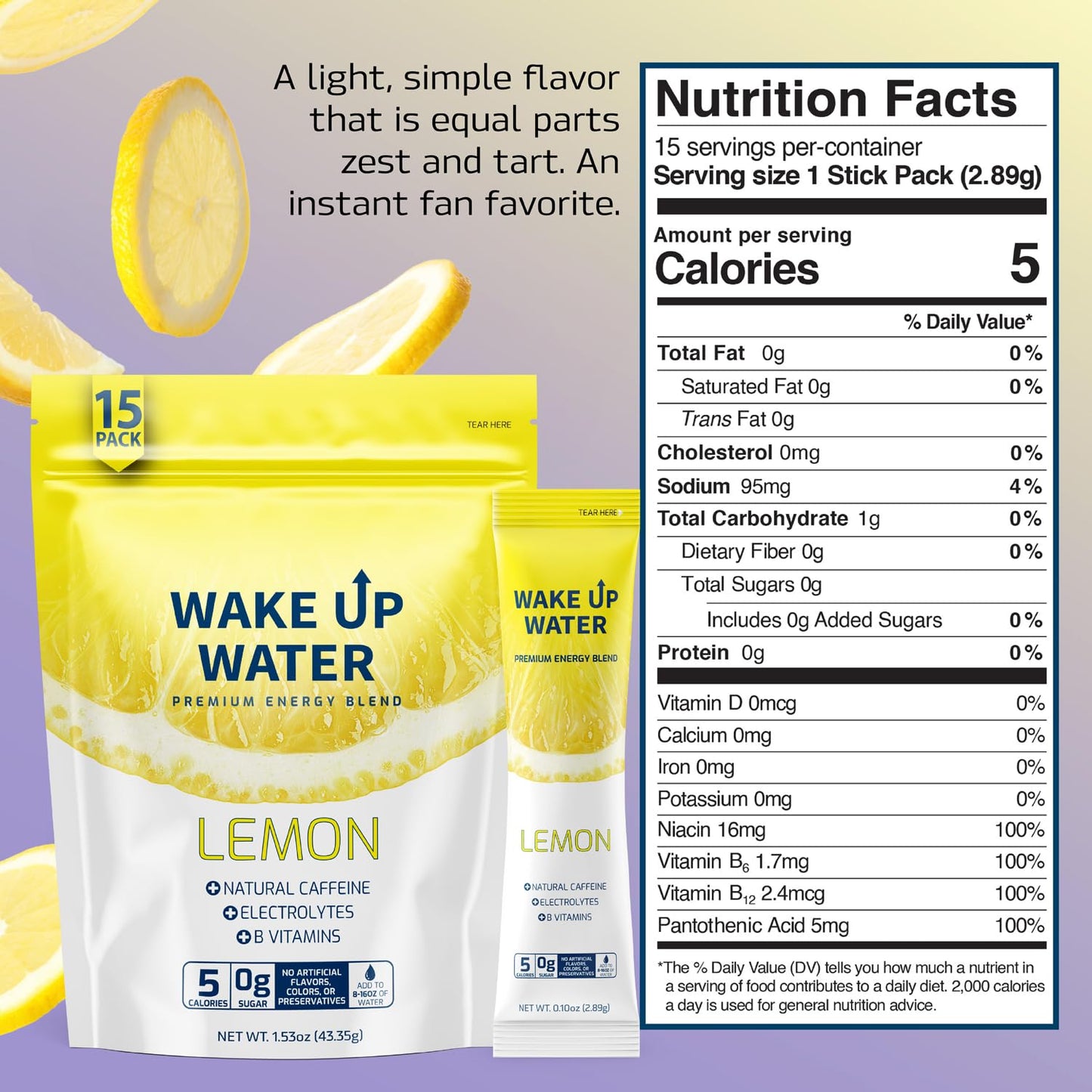 Wake Up Water Energy + Hydration Mix, Lemon, 15 Pack, Natural Caffeine, Electrolytes, No Sugar