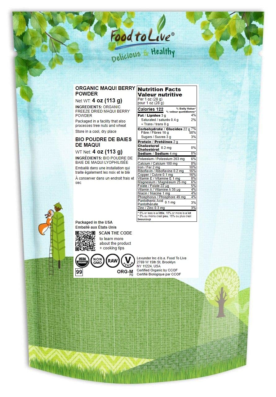 Food to Live Organic Maqui Berry Powder, 4 Ounces - Non-GMO, Raw, 100% Pure, Vegan Superfood, No Added Sugar, Bulk, Rich in Iron