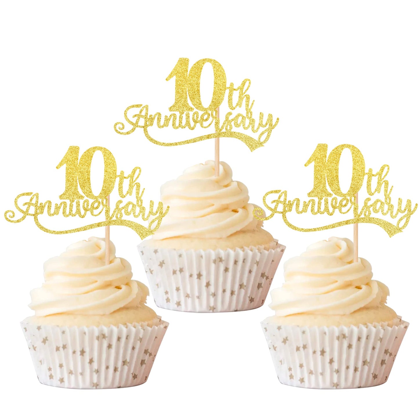 Rsstarxi Cupcake Toppers Gold Cheers to 10 Years 24 Pack 2.8x4.1 inches for 10th Anniversary Birthday Party Decorations