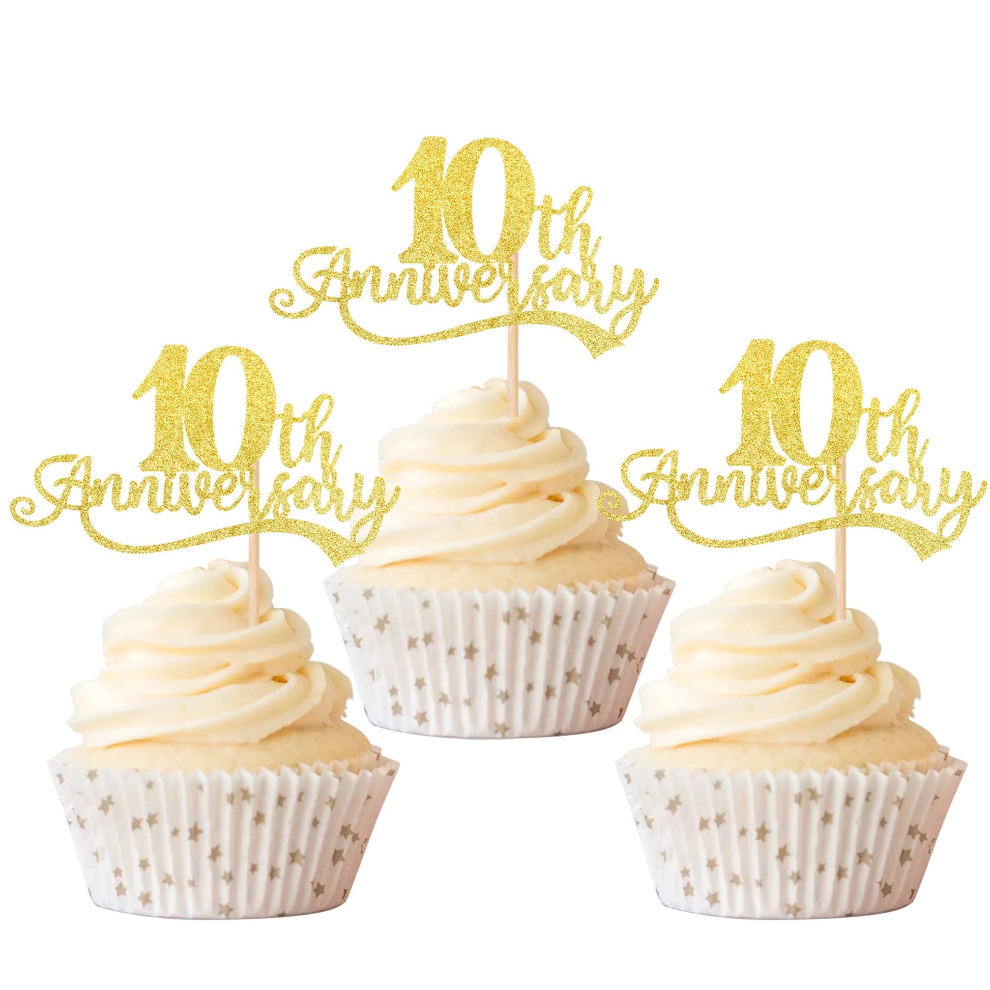 Rsstarxi Cupcake Toppers Gold Cheers to 10 Years 24 Pack 2.8x4.1 inches for 10th Anniversary Birthday Party Decorations