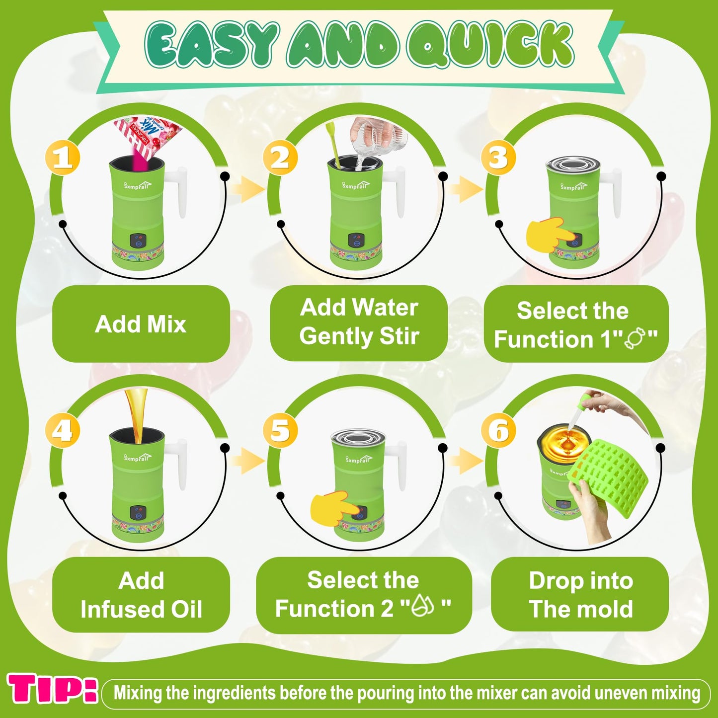 Sxmprail Gummy Maker Machine, Oil Infused DIY Edible Gummy & Jelly Kit, Includes Bear & Fruit Molds, Green
