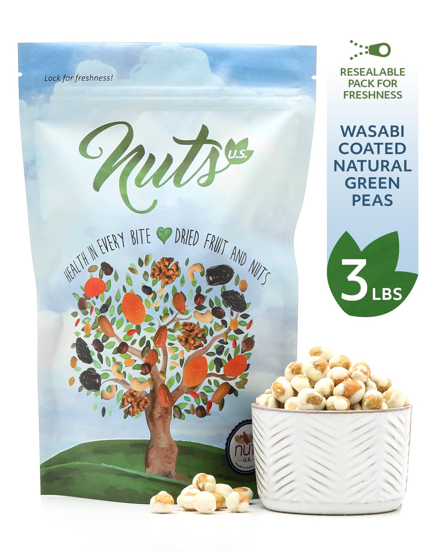 NUTS - U.S. Wasabi Coated Natural Green Peas, 100% Natural, Crunchy & Spicy, 48 Ounce Resealable Bag