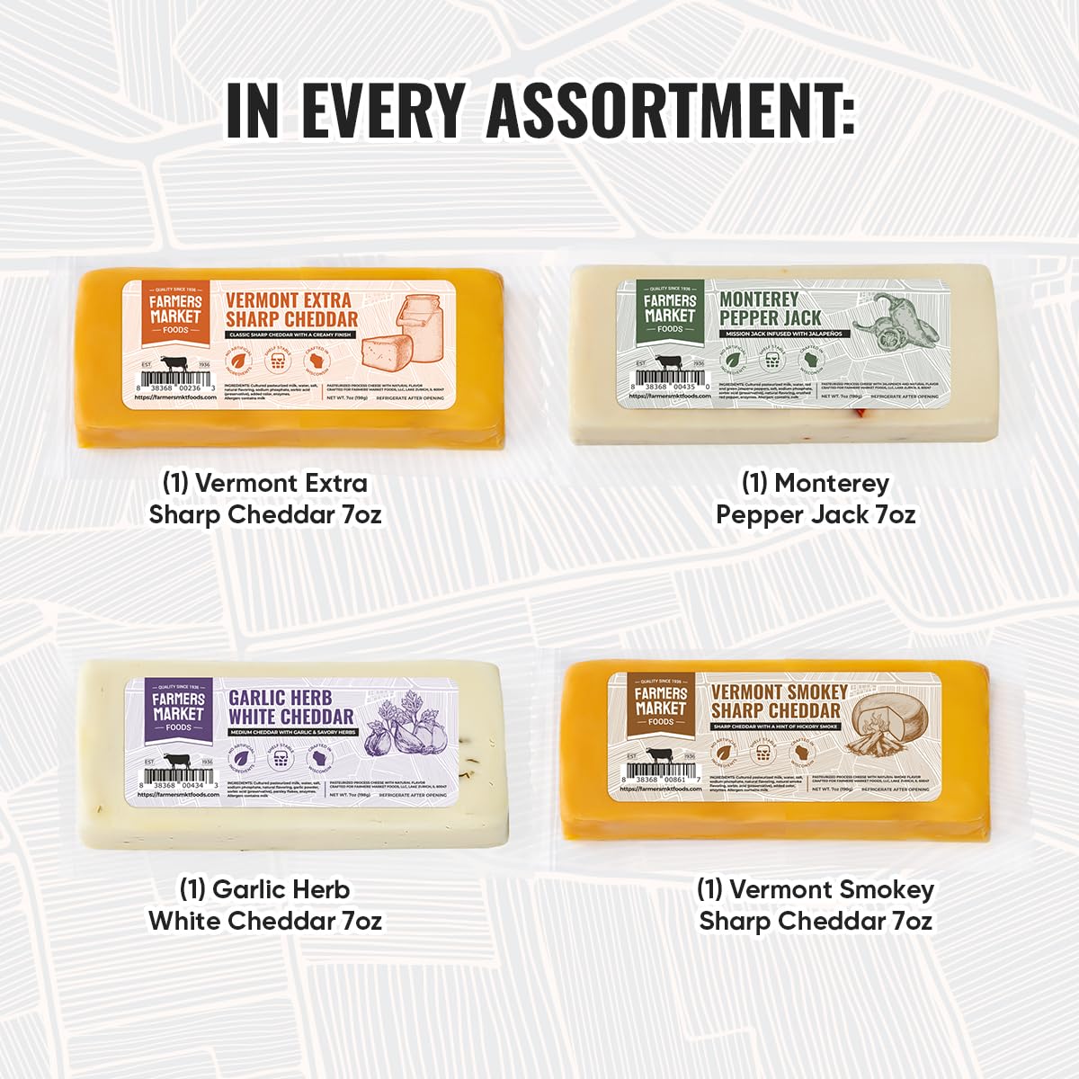 Farmers Market, Gluten Free, Keto, Paleo, Low Sodium, Zero Sugar, Wisconsin Cheese Gift Sets, 7Oz 4 Count