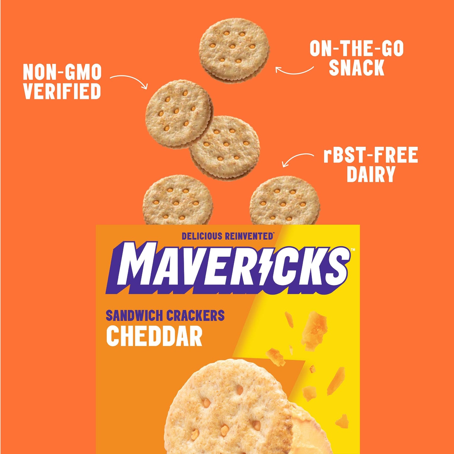 Mavericks Sandwich Crackers Cheddar - Cheese Filled Whole Grain Sandwich Cracker Snack Packs, Non-GMO - 7 oz Box (3 Pack)
