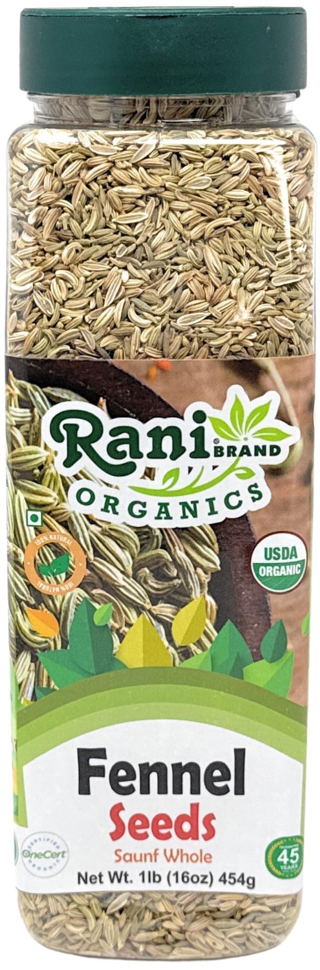 Rani Organic Fennel Seeds (Saunf Sabut) Whole Spice 16oz (1lb) 454g PET Jar ~ All Natural | Vegan | Gluten Friendly | NON-GMO | 