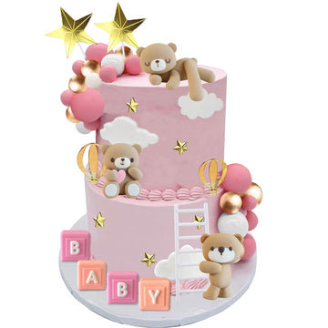 Bear Cake Toppers Bear Balls Cake Decorations With Baby Letters For Boy Girl Baby Shower Birthday Party Decorations (Pink)