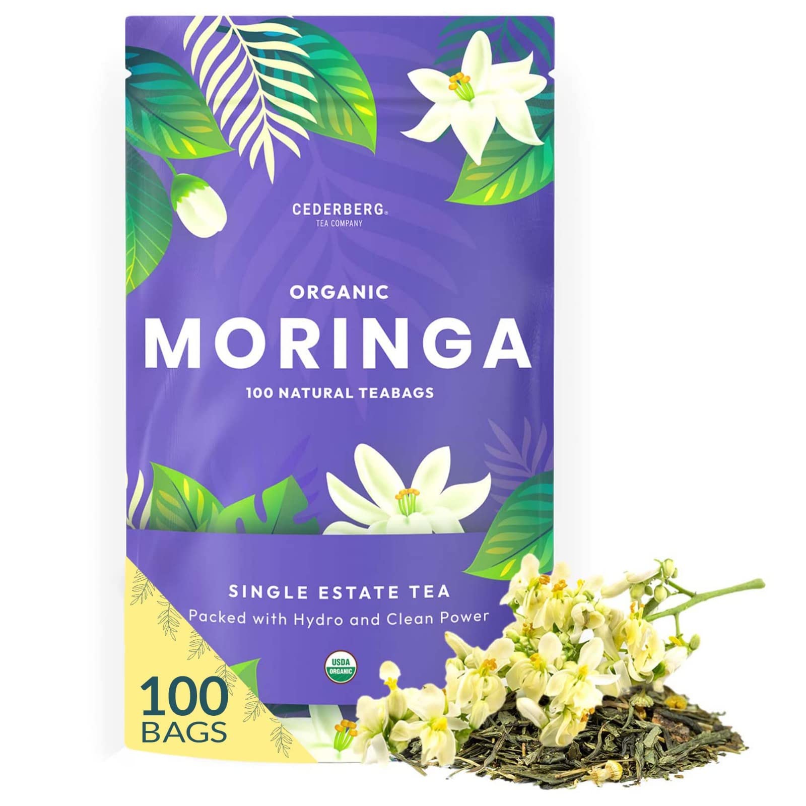 Cederberg Organic Moringa Herbal Tea - 100 Tea Bags, Eco-Friendly, Non-GMO, Caffeine-Free, Zero Sugar, 1 Count