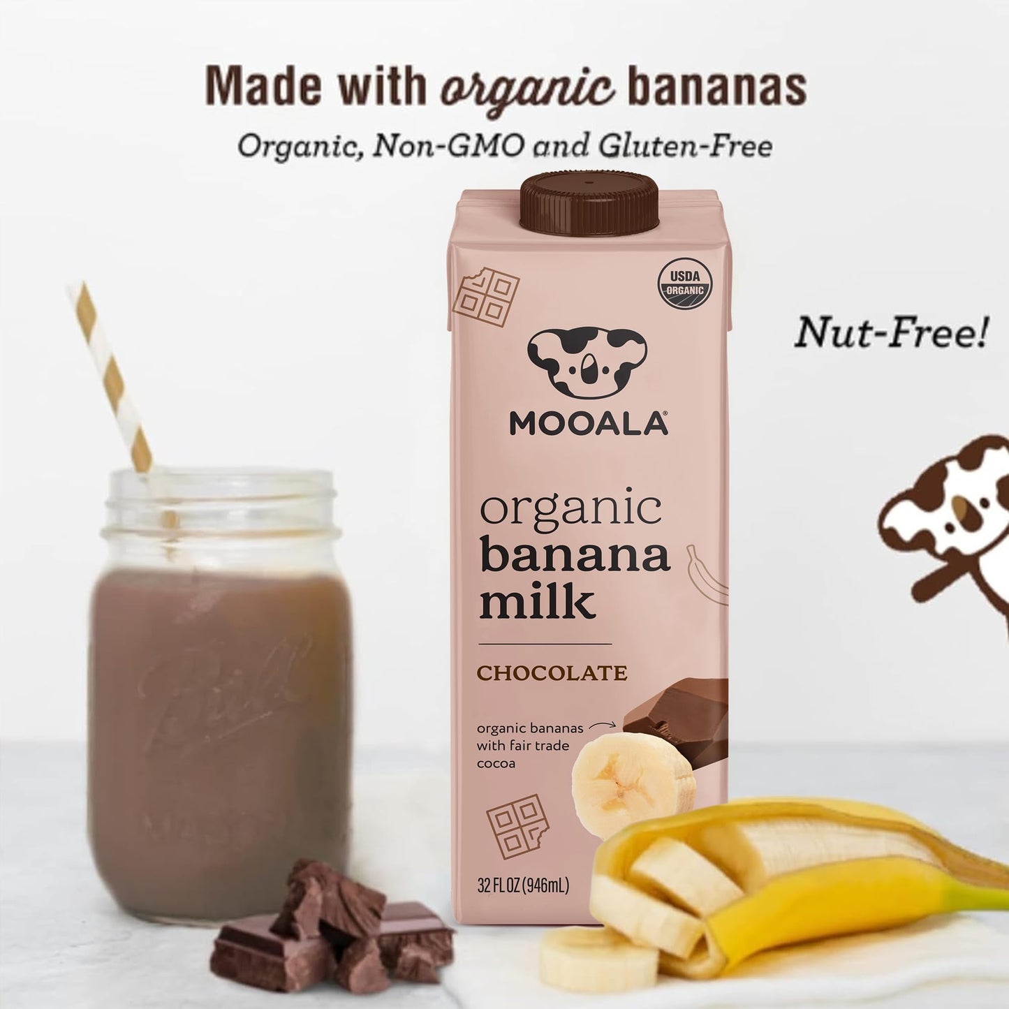 Mooala - Organic Chocolate Bananamilk, 32 fl oz (Pack of 6) - Shelf-Stable, Non-Dairy, Nut-Free, Gluten-Free, Plant-Based Bevera