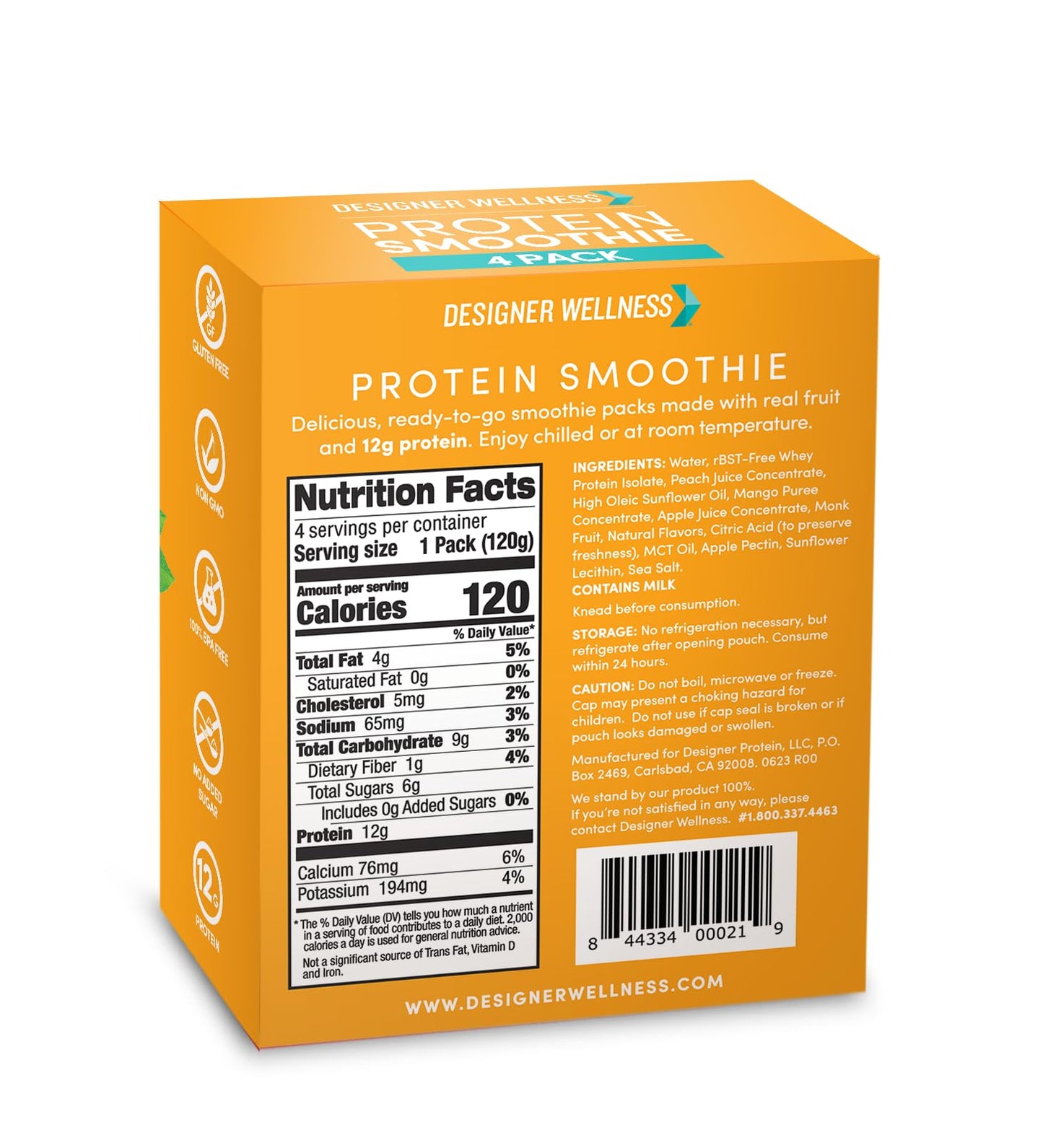 Designer Wellness Protein Smoothie, Peach Mango, 12g Protein, Low Carb, Gluten-Free, 4.2 Fl Oz (Pack of 24)