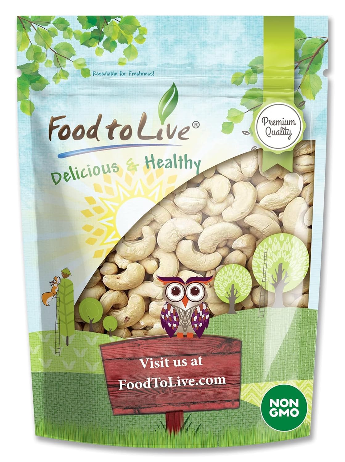Food to Live Raw Cashews, 5 Pounds - Non-GMO Verified, Deluxe Whole Nuts, Unsalted, Unroasted, Size W-320, Vegan, Kosher, Bulk