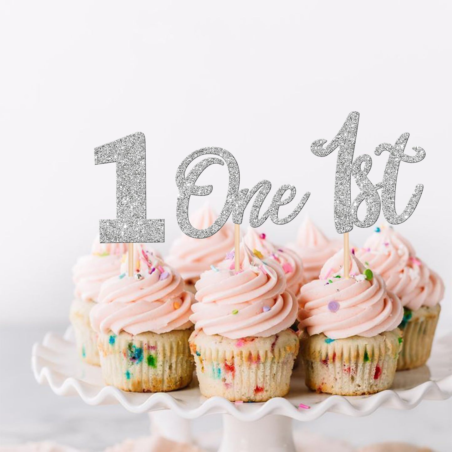 ZHUOWEISM 24 PCS Cupcake Toppers Glitter Number 1 Cake Decorations for 1st Birthday, Baby Shower, Silver, Paper