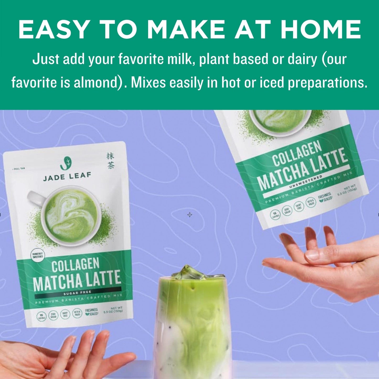 Jade Leaf Matcha Caf   Style Sugar Free Matcha Latte Green Tea Powder With Grass Fed Collagen, Monkfruit Sweetened, Premium Bari