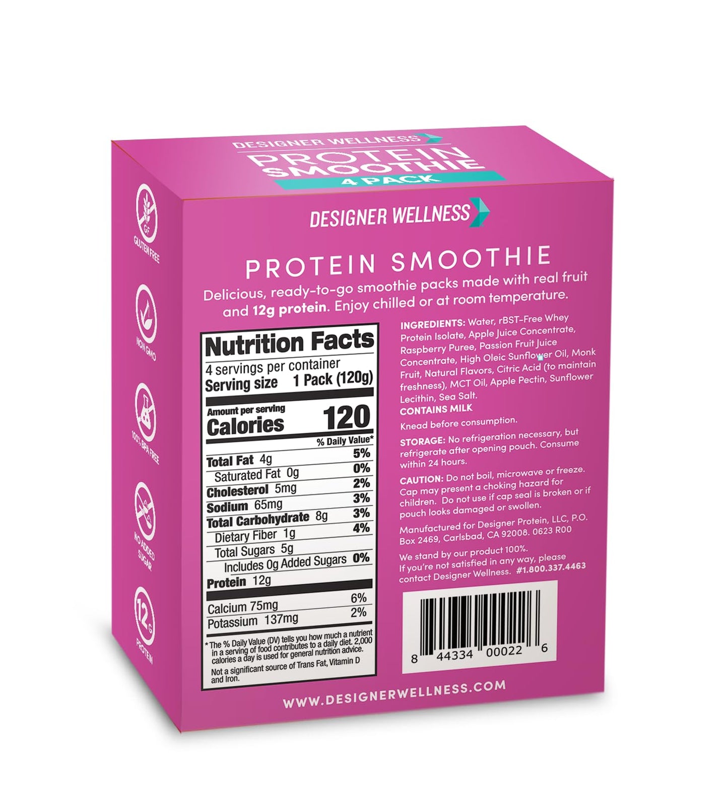 Designer Wellness Protein Smoothie, Real Fruit, 12g Protein, Low Carb, Gluten-Free, Raspberry Passion Fruit, 4.2 Fl Oz (Pack of 24)