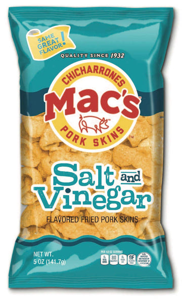 Macs Salt & Vinegar Pork Skins - Low Carb, Keto Friendly Snack - Crunchy Chicharrones / Pork Rinds (5 oz, 8 ct) (Salt & Vinegar