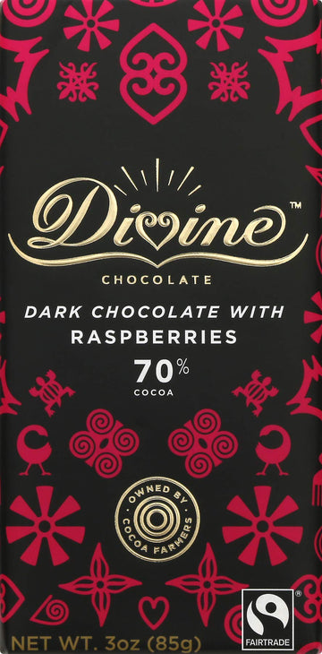 Divine Chocolate Chocolate, 70% Dark Chocolate With Raspberries, 3 Oz