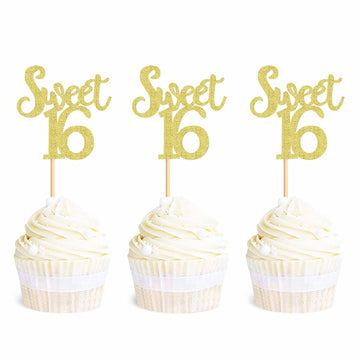 Ercadio 24 Pack Sweet 16 Cupcake Toppers Gold Glitter Age Sixteen Cupcake Picks Anniversary 16Th Kids Birthday Party Cake Decors